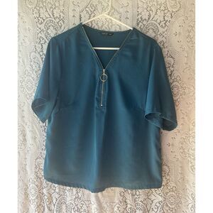 Quarter Zip Teal Blouse Top Shirt Zipper Size 0XL Shein‎